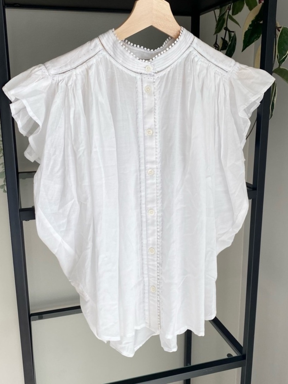 Madewell Shirred White Ruffle Sleeve Button-Front Blouse XS